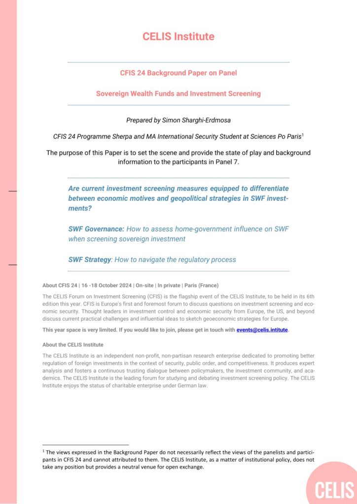 CFIS 24 Background Paper on Panel Sovereign Wealth Funds and Investment Screening CFIS 24 Background Paper on Panel Sovereign Wealth Funds and Investment Screening