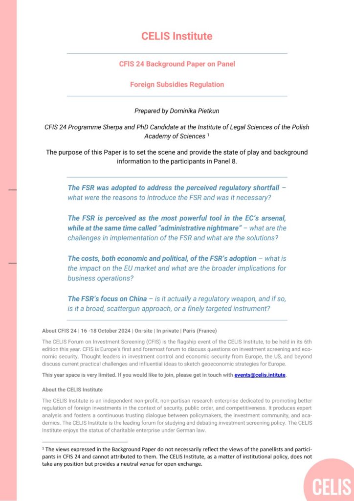 CFIS 24 Background Paper on Panel: Foreign Subsidies Regulation CFIS 24 Background Paper on Panel: Foreign Subsidies Regulation